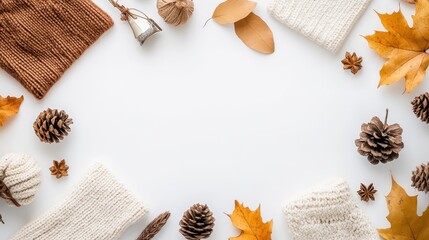 Wall Mural - Autumnal Frame with Knitwear  Leaves  and Pine Cones