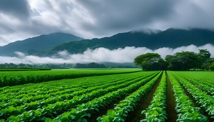 Wall Mural - Vibrant agricultural landscape with rows of crops stretching towards misty mountains beneath a beautifully cloudy sky