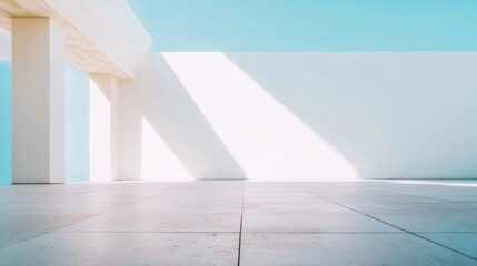 Poster - Morning Sunlight Streaming into Minimalist Soft White Concrete Interior, Creating Tranquil Shadows and Clean Beams of Natural Light