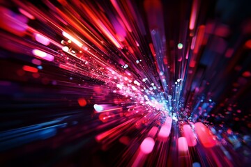 Poster - Abstract digital artwork of vibrant red, blue and pink energy lines exploding from a center point in cyberspace.