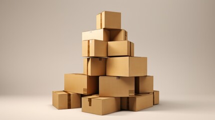 Wall Mural - A pile of cardboard boxes arranged in a pyramid shape against a plain white background.