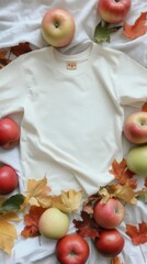 Canvas Print - Autumn Flat Lay with White T-Shirt, Apples, and Fall Leaves - Vibrant Colors and Textures of Harvest Season