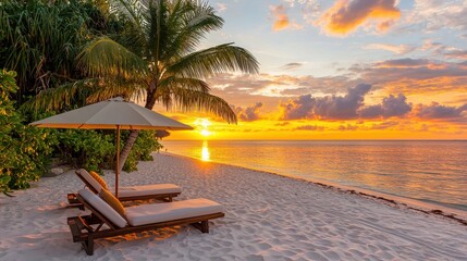 Wall Mural - Relaxing Beach Chairs at Sunset with Palm Tree and Ocean View