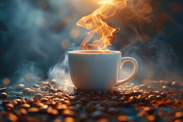 The coffee beans on the table and a steaming cup of coffee