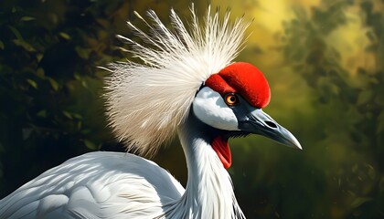 Elegant white crane with a striking red head amidst a serene natural landscape