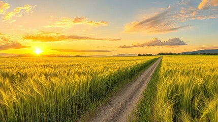 Wall Mural - Golden Wheat Field Sunset Landscape With Dirt Road