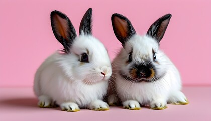 Adorable white rabbits with black heads on a soft pink background