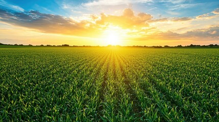 Wall Mural - Golden Sunset over Green Cornfield