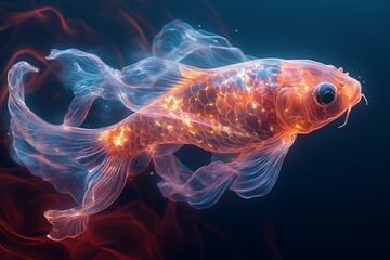 A glowing, ethereal goldfish swimming through a dark background.