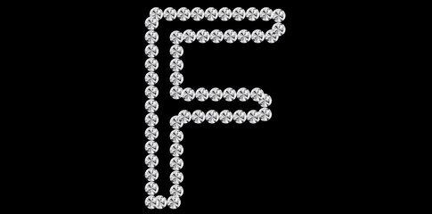 Silver Rhinestone Diamonds Alphabet Letter F Luxury Text Design Vector Illustration, Capital Diamonds Letter F On Black Background.	