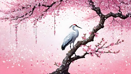 Serene scene of cranes beneath a cherry blossom tree, with delicate petals drifting down and a soft pink backdrop.