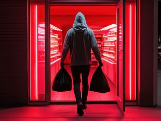 A silhouette figure exits a brightly lit store at night, carrying two bags amidst red lighting, creating a dramatic atmosphere.