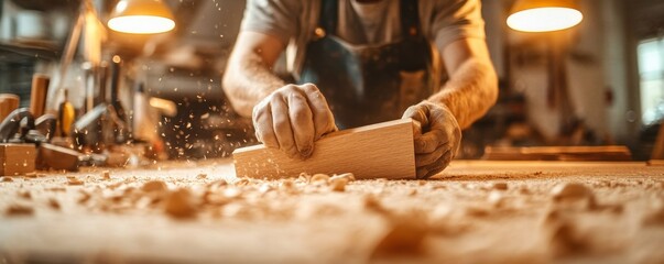 A skilled woodworker shaping a piece of wood in a bright workshop, showcasing craftsmanship and attention to detail.