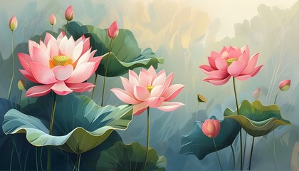 Elegant modern lotus paintings on a light background, perfect for enhancing diverse publications with a touch of beauty and serenity