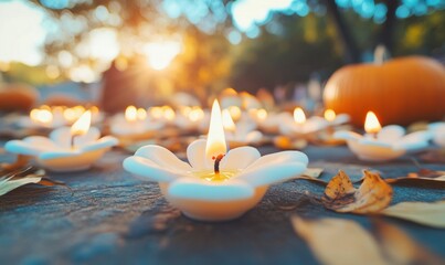 Wall Mural - Evening Halloween Scene with Flower-Shaped Candles, Pumpkins, and Autumn Leaves Casting Eerie Shadows