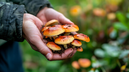 Wall Mural - A hand holding freshly picked wild mushrooms in a meadow, emphasizing their foraging potential in North America 