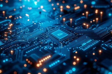 Poster - Blue circuit board background with beautiful light, representing technology, innovation, connection, data, and progress.