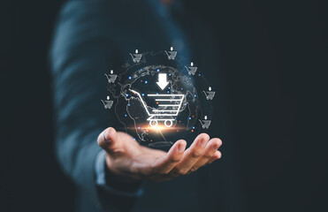 Poster - Businessman holding virtual globe with e-commerce icons of shopping for online shopping. Add to cart, internet store, buy online and e-commerce concept.