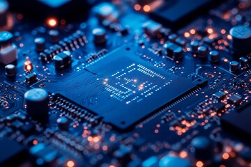 Poster - Closeup of a blue circuit board with glowing lights, symbolizing technology, innovation, connectivity, data, and future.