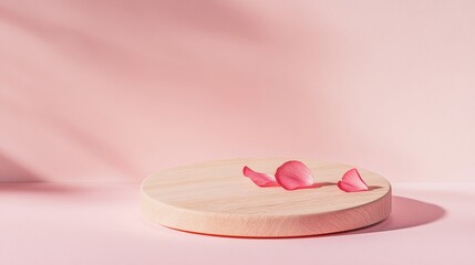Aufkleber - Elegant Minimalist Pastel Pink Mockup with Textured Wooden Podium and Red Petals