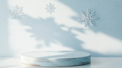 Poster - Frosty Blue Textured Wooden Podium with Silver Snowflakes Against a Snow-White Background in Bright Cool Lighting - Minimalist Aesthetic for Product Showcase