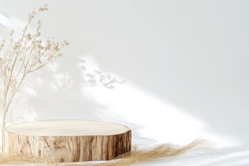 Poster - Minimalist Natural Wood Podium with Soft Gold Tinsel on Clean White Background
