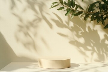 Aufkleber - Minimalist Wood Podium with Green Foliage Against Beige Background in Soft Natural Lighting