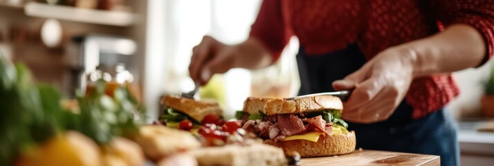 This image portrays a person preparing a delicious sandwich with fresh ingredients, highlighting a cooking action, culinary creativity, and a love for good food.