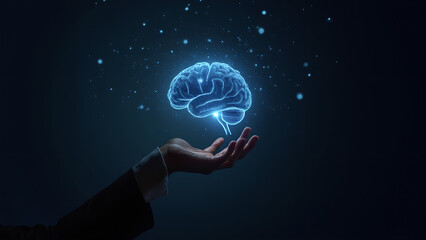 Businessman holding glowing brain on dark background AI network of brain on business analysis innovative growth development and overall business success