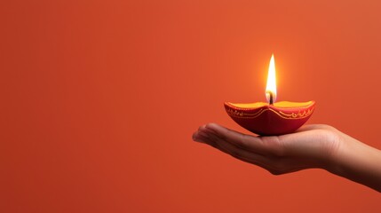 a hand holding a lit Diwali oil lamp on a solid orange background with ample copy space.