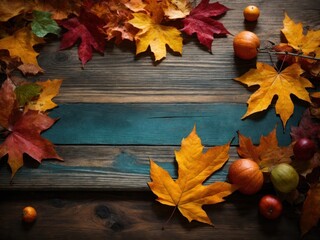 Poster - wooden board with autumn leaves background