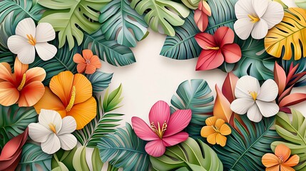Poster - a botanical illustration featuring exotic flowers and leaves in a dense, jungle-like setting, captur
