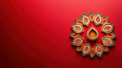 a simple Diwali rangoli on a solid red background, leaving generous copy space for text.