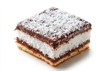 Wall Mural - Lamington, A square sponge cake coated in a layer of chocolate sauce and rolled in desiccated coconut, often filled with a layer of cream or jam. Isolated on White Background