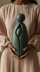 Aufkleber - Minimalistic Nativity Scene Modern, Dark Green Figurine Held by Woman in Light Pink Dress