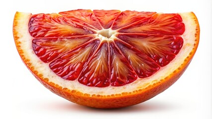 Slice of red blood orange citrus fruit stand isolated on background. Red orange wedge, Red blood orange, citrus fruit, slice