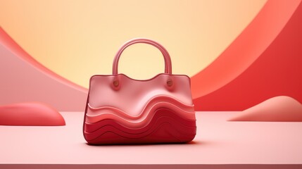 Poster - A pink and red handbag with a wavy design sits on a white table in front of a pink and orange background.