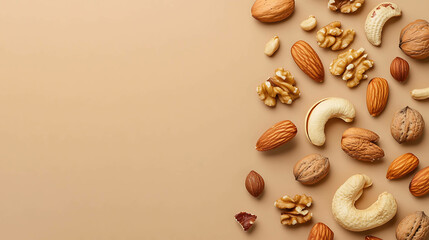 Assortment of various nuts on a beige background.