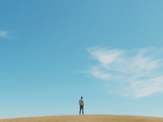 Wall Mural - Solitary Traveler on Hilltop Under Clear Blue Sky, Capturing Serenity and Freedom of Open Spaces