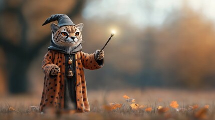 A whimsical cat dressed as a wizard, holding a magic wand in a magical autumn forest setting.