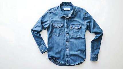 Wall Mural - Blue denim shirt with two chest pockets and long sleeves on a white background.