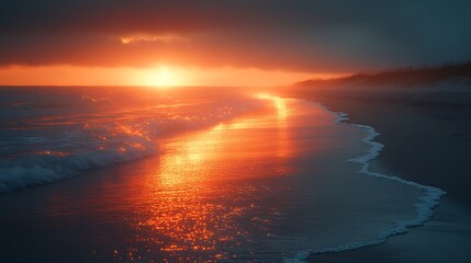 Wall Mural - a breathtaking sunset over the ocean, casting a golden glow on the sandy beach.