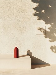 Aufkleber - Minimalist Warm Beige Stone Surface with Elegant Red Water Bottle for Modern Branding