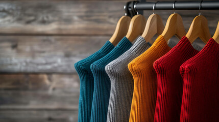 Wall Mural - Close up of colorful sweaters hanging on a rack.