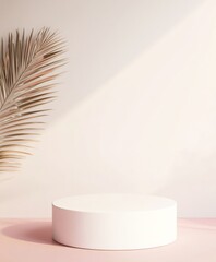 Poster - Elegant Pastel Pink and White Podium in Modern Office Setting with Festive Gold Tinsel