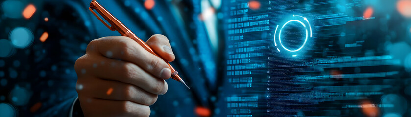 Software Development Code Illustration: Businessman Analyzing Digital Programming with Pen and Blurred Background