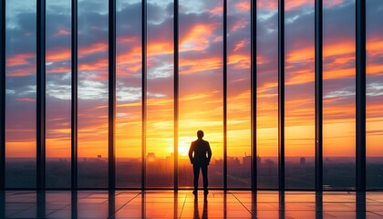 Silhouette of a man in an office building admiring a breathtaking cityscape at sunset through large glass windows