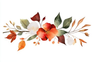 Watercolor autumn floral elements with red flowers, green leaves, brown branches, and white cotton perfect for fall designs.