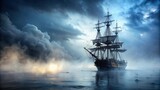 Creepy pirate ghost ship sailing through foggy waters, pirate, ghost, ship, spooky, haunted, abandoned, eerie, ocean, sea