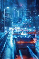 Wall Mural - At night, cars on city roads